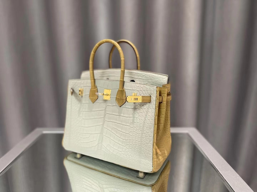 Exotic Crocodile Embossed Leather Top Handle Handbag - Elegant Off-White Luxury Tote with Gold Turn-Lock