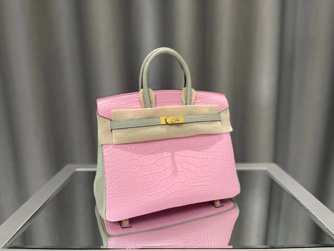 Luxury Pink Crocodile Embossed Leather Handbag - Elegant Top Handle Bag with Gold Hardware