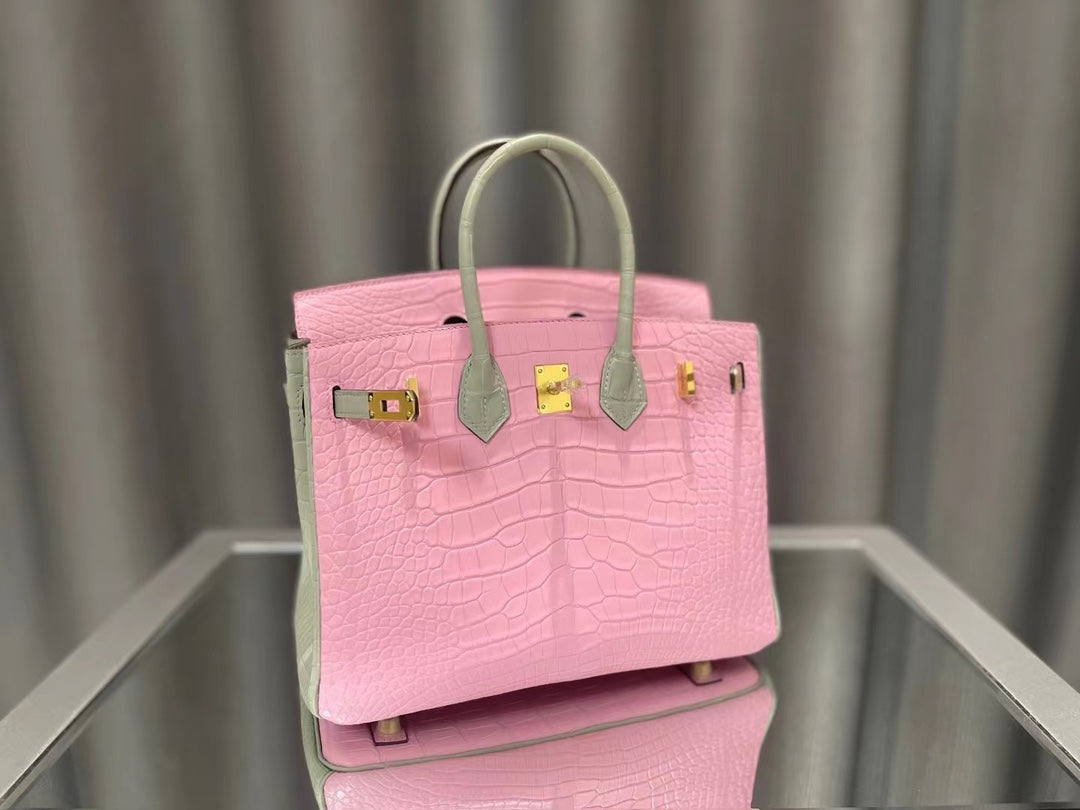 Luxury Pink Crocodile Embossed Leather Handbag - Elegant Top Handle Bag with Gold Hardware