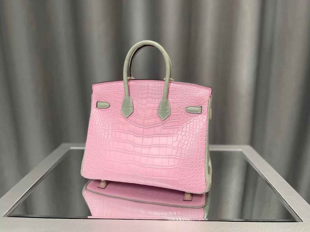 Luxury Pink Crocodile Embossed Leather Handbag - Elegant Top Handle Bag with Gold Hardware