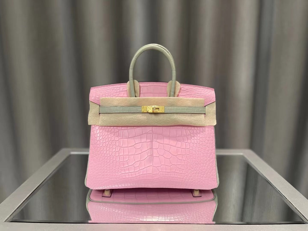 Luxury Pink Crocodile Embossed Leather Handbag - Elegant Top Handle Bag with Gold Hardware