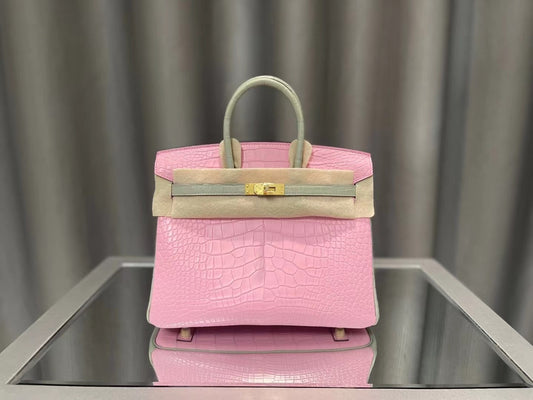 Luxury Pink Crocodile Embossed Leather Handbag - Elegant Top Handle Bag with Gold Hardware