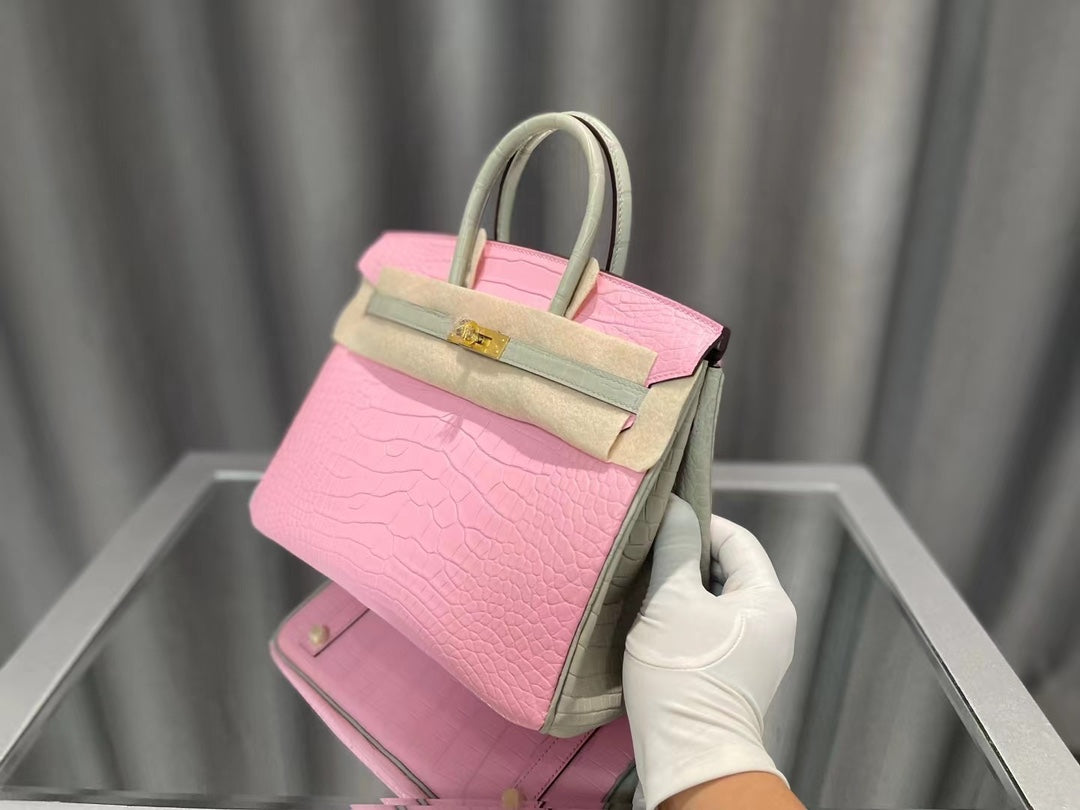 Luxury Pink Crocodile Embossed Leather Handbag - Elegant Top Handle Bag with Gold Hardware