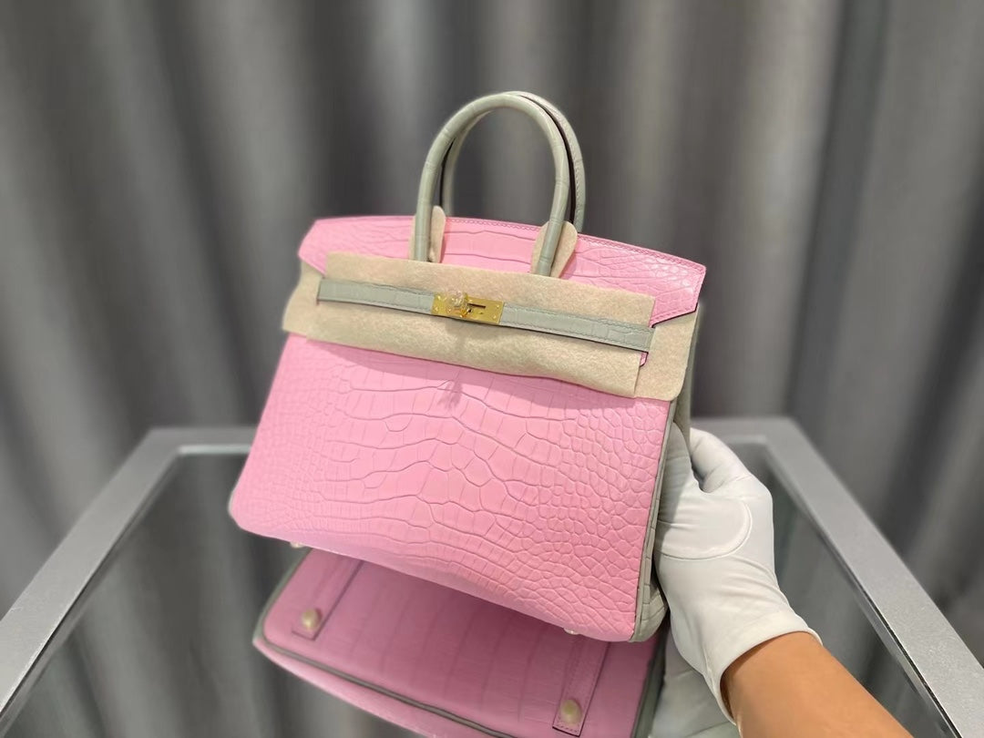 Luxury Pink Crocodile Embossed Leather Handbag - Elegant Top Handle Bag with Gold Hardware
