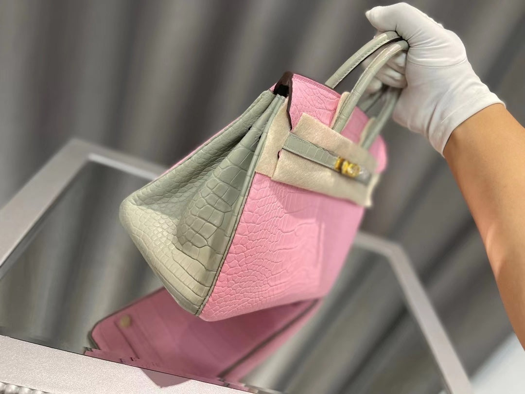 Luxury Pink Crocodile Embossed Leather Handbag - Elegant Top Handle Bag with Gold Hardware