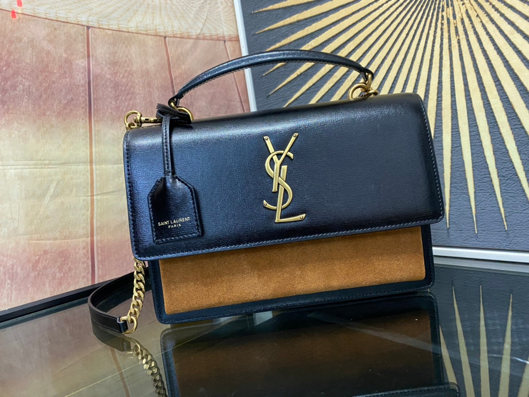 Saint Laurent Sunset Medium Shoulder Bag in Black Leather and Tan Suede