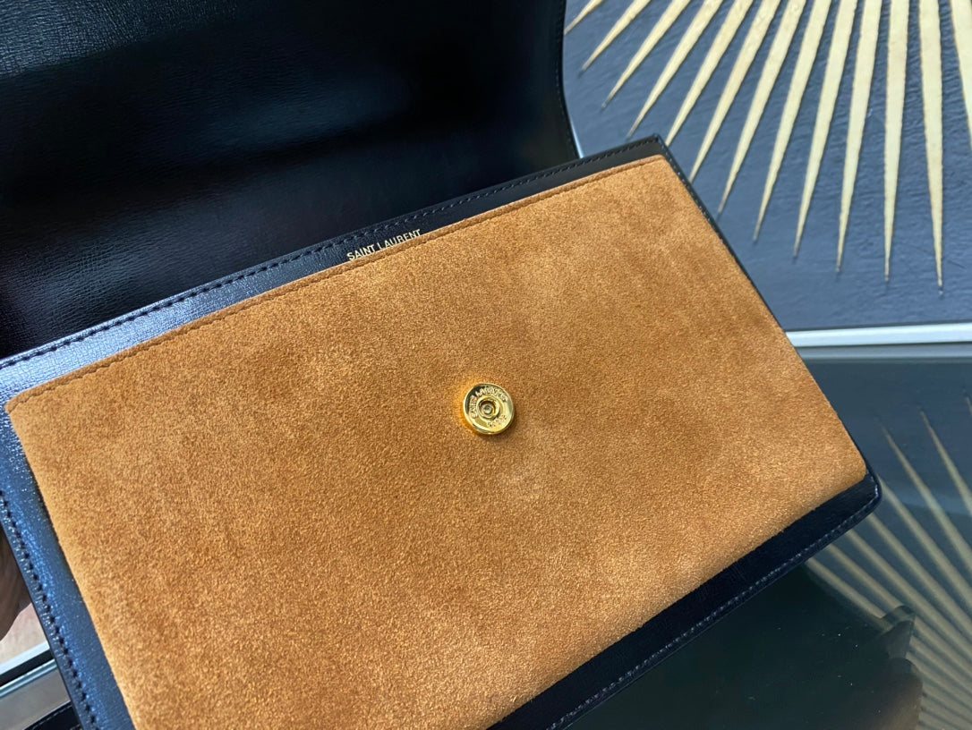 Saint Laurent Sunset Medium Shoulder Bag in Black Leather and Tan Suede