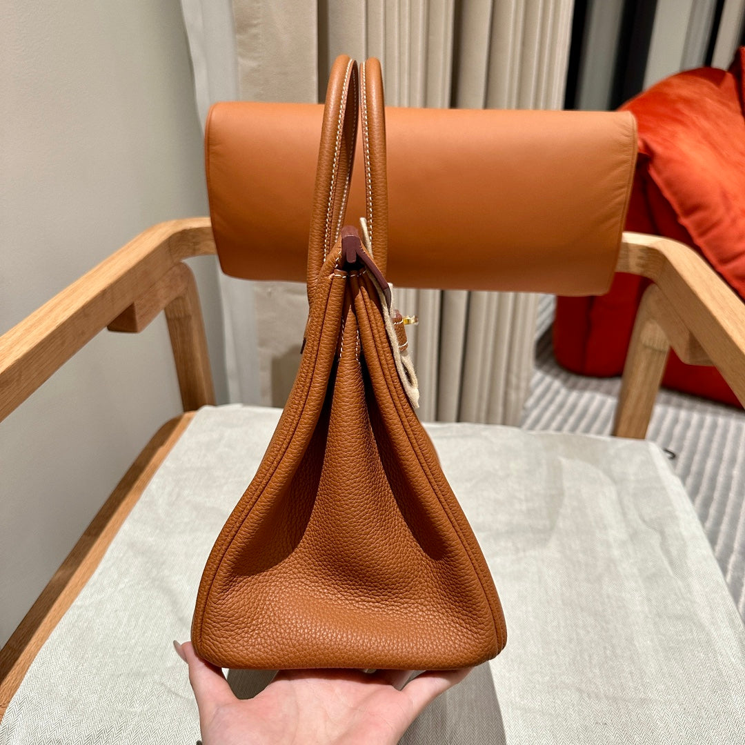 Classic Tan Textured Leather Top Handle Handbag with Gold-Tone Hardware