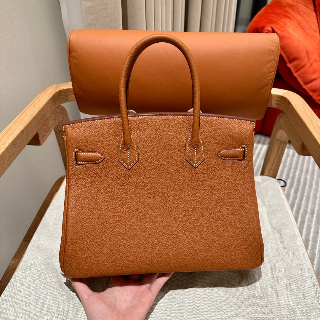 Classic Tan Textured Leather Top Handle Handbag with Gold-Tone Hardware