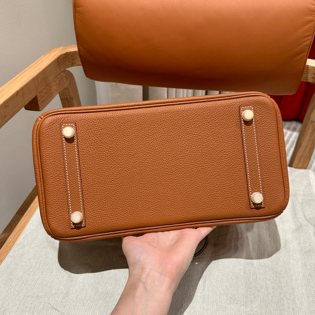 Classic Tan Textured Leather Top Handle Handbag with Gold-Tone Hardware