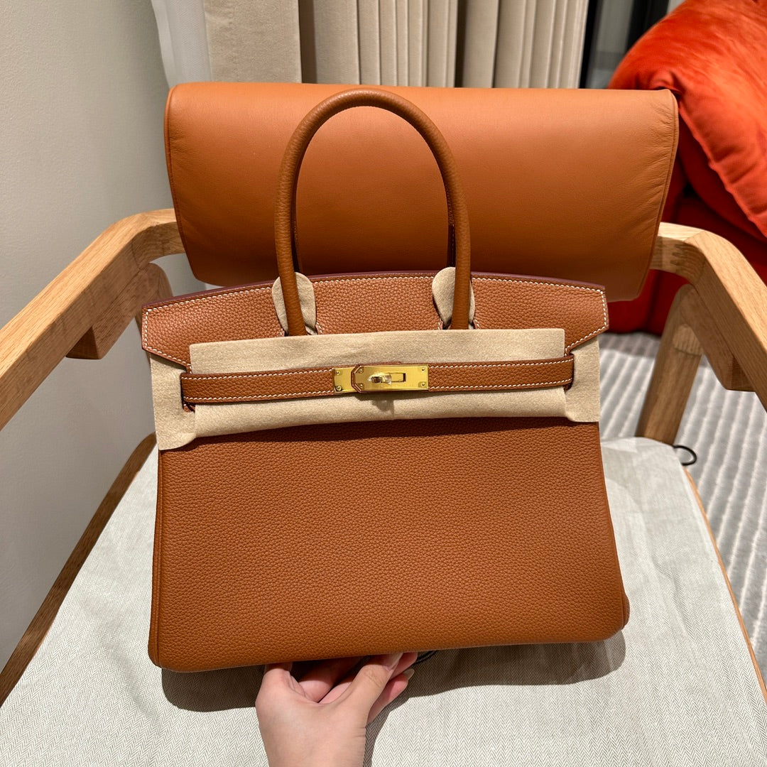Classic Tan Textured Leather Top Handle Handbag with Gold-Tone Hardware