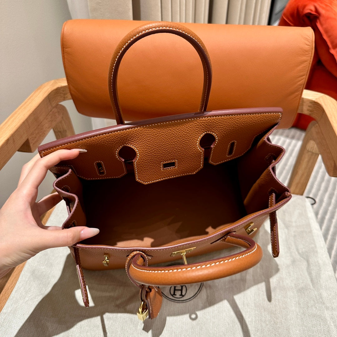 Classic Tan Textured Leather Top Handle Handbag with Gold-Tone Hardware