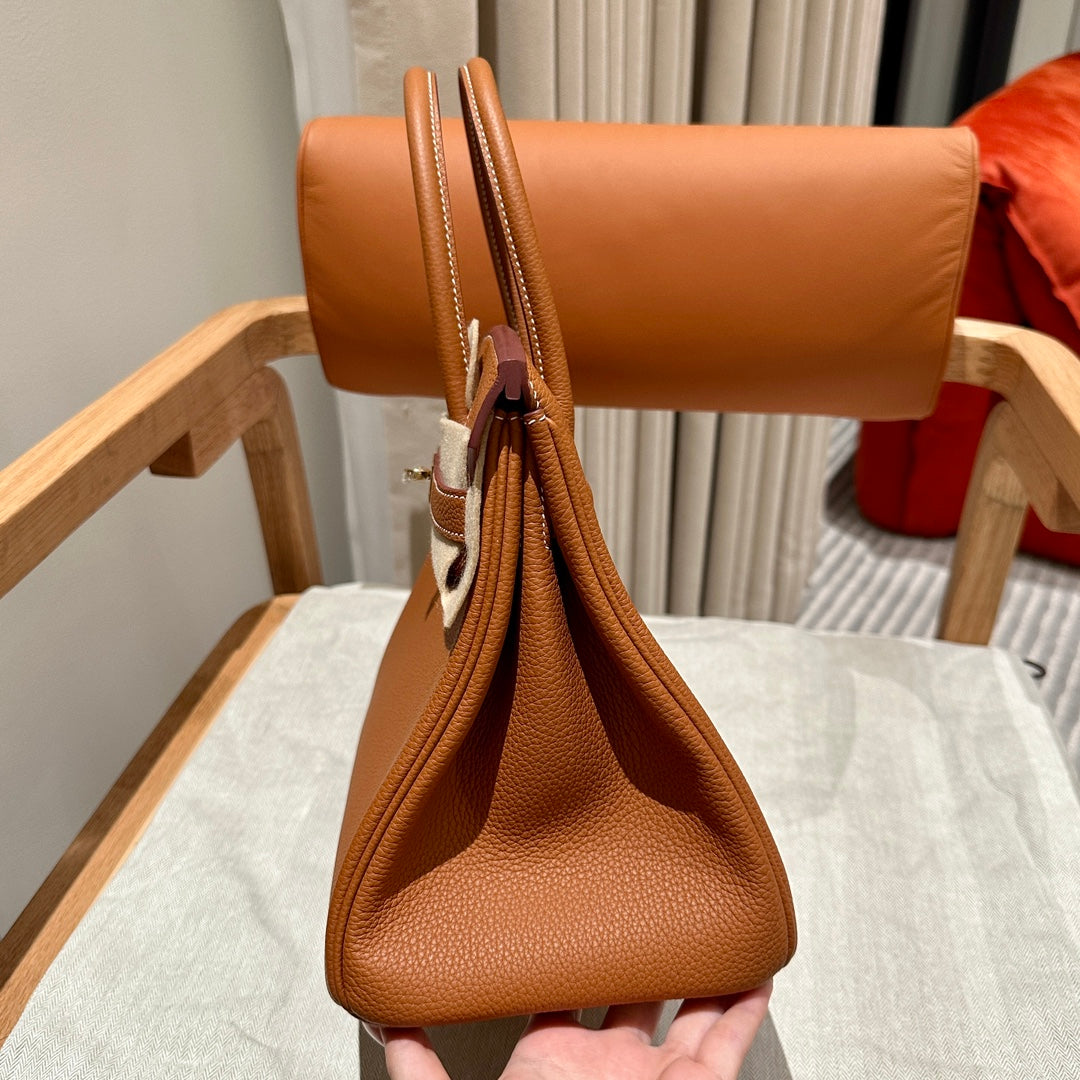 Classic Tan Textured Leather Top Handle Handbag with Gold-Tone Hardware