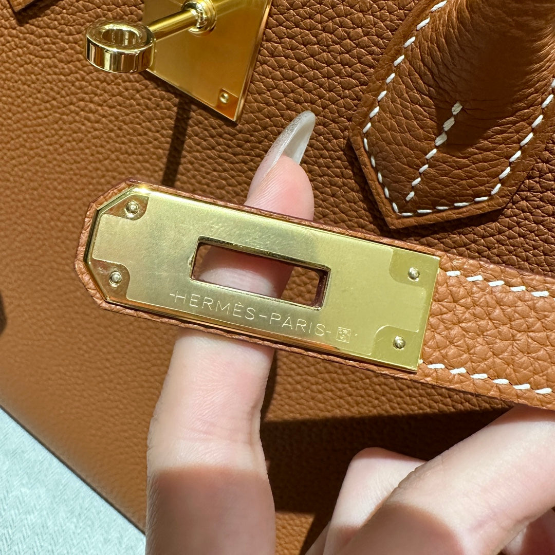 Classic Tan Textured Leather Top Handle Handbag with Gold-Tone Hardware