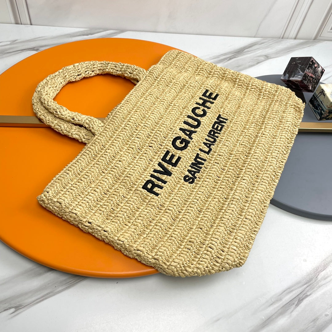 Saint Laurent Rive Gauche Raffia Tote Bag - Natural Beige Summer Handbag