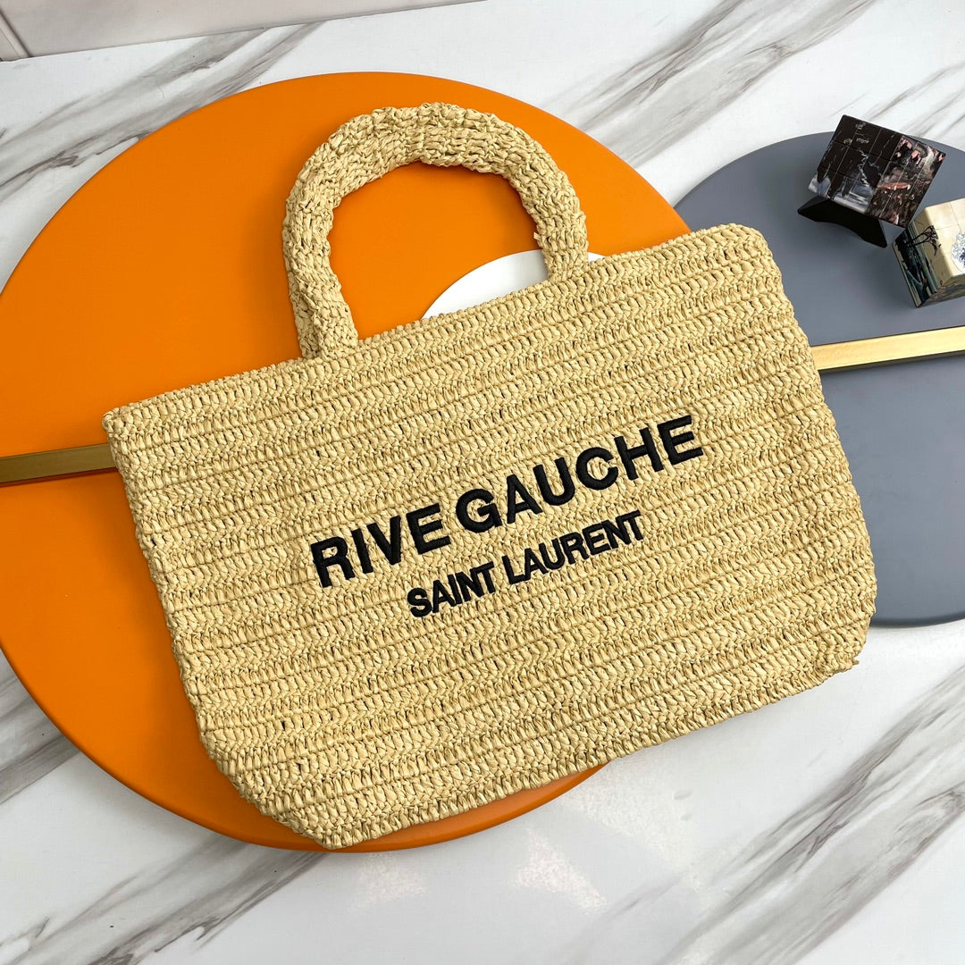 Saint Laurent Rive Gauche Raffia Tote Bag - Natural Beige Summer Handbag