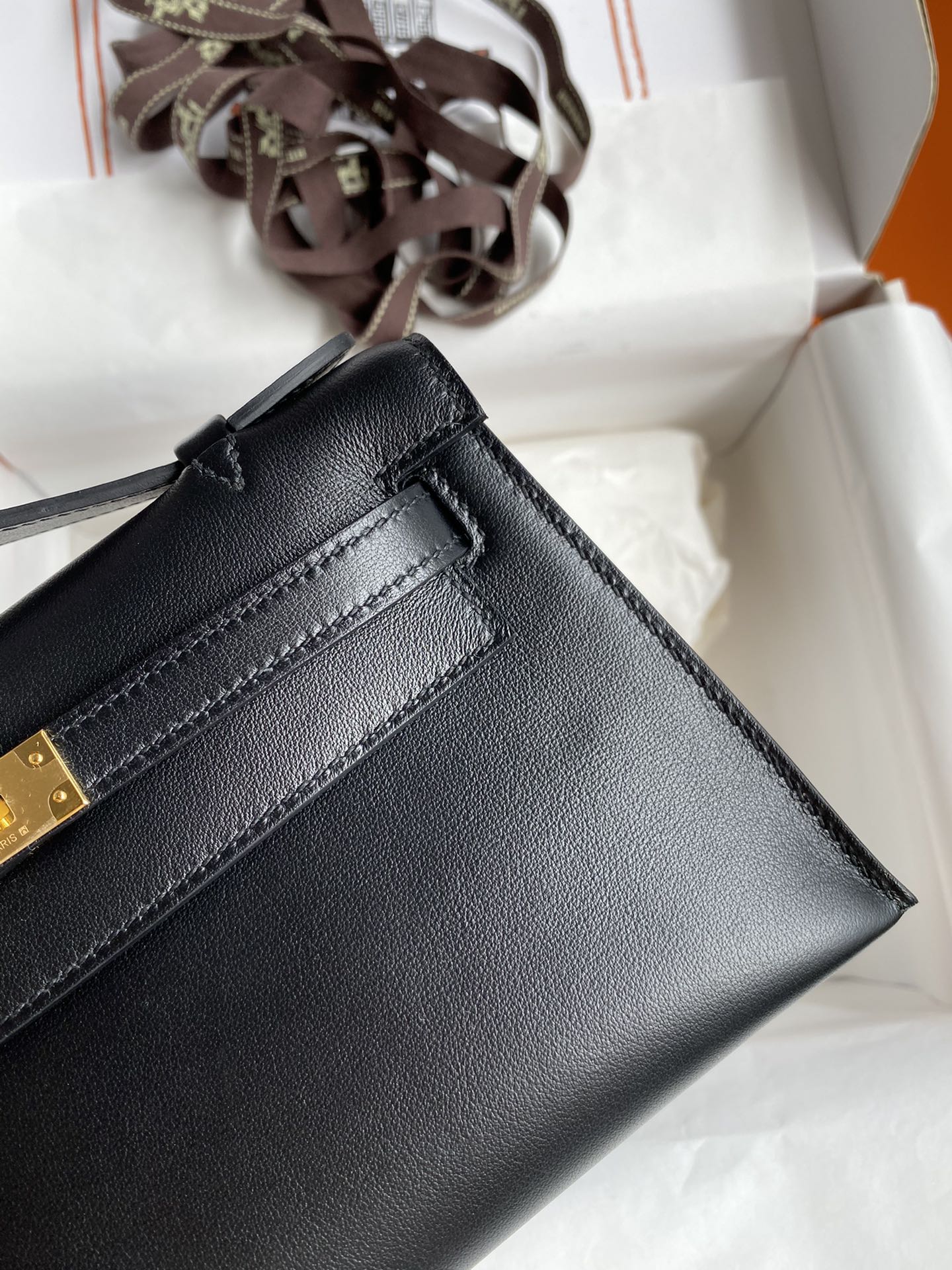 Hermès Kelly Cut Clutch Bag Black Leather with Gold Hardware