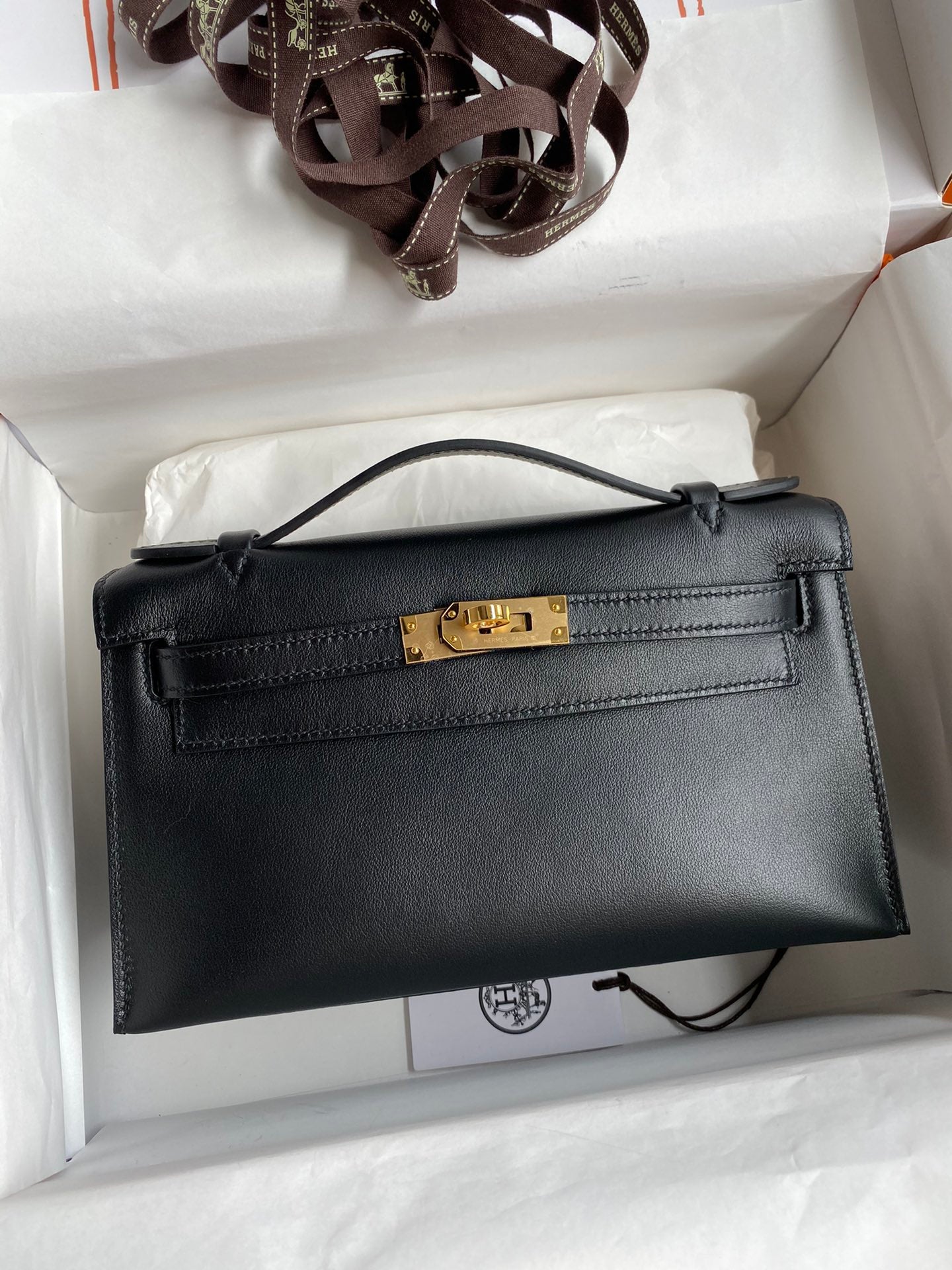 Hermès Kelly Cut Clutch Bag Black Leather with Gold Hardware