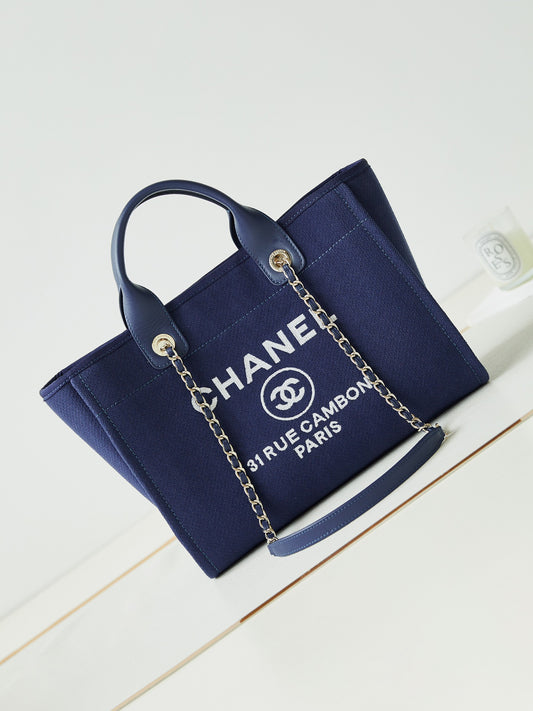 Chanel Deauville Medium Canvas Tote Bag - Navy Blue with Silver-Tone Hardware