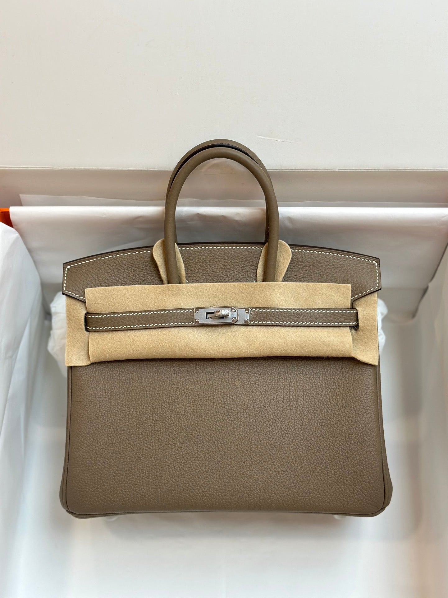 Luxury Taupe Leather Handbag with Silver-Tone Hardware
