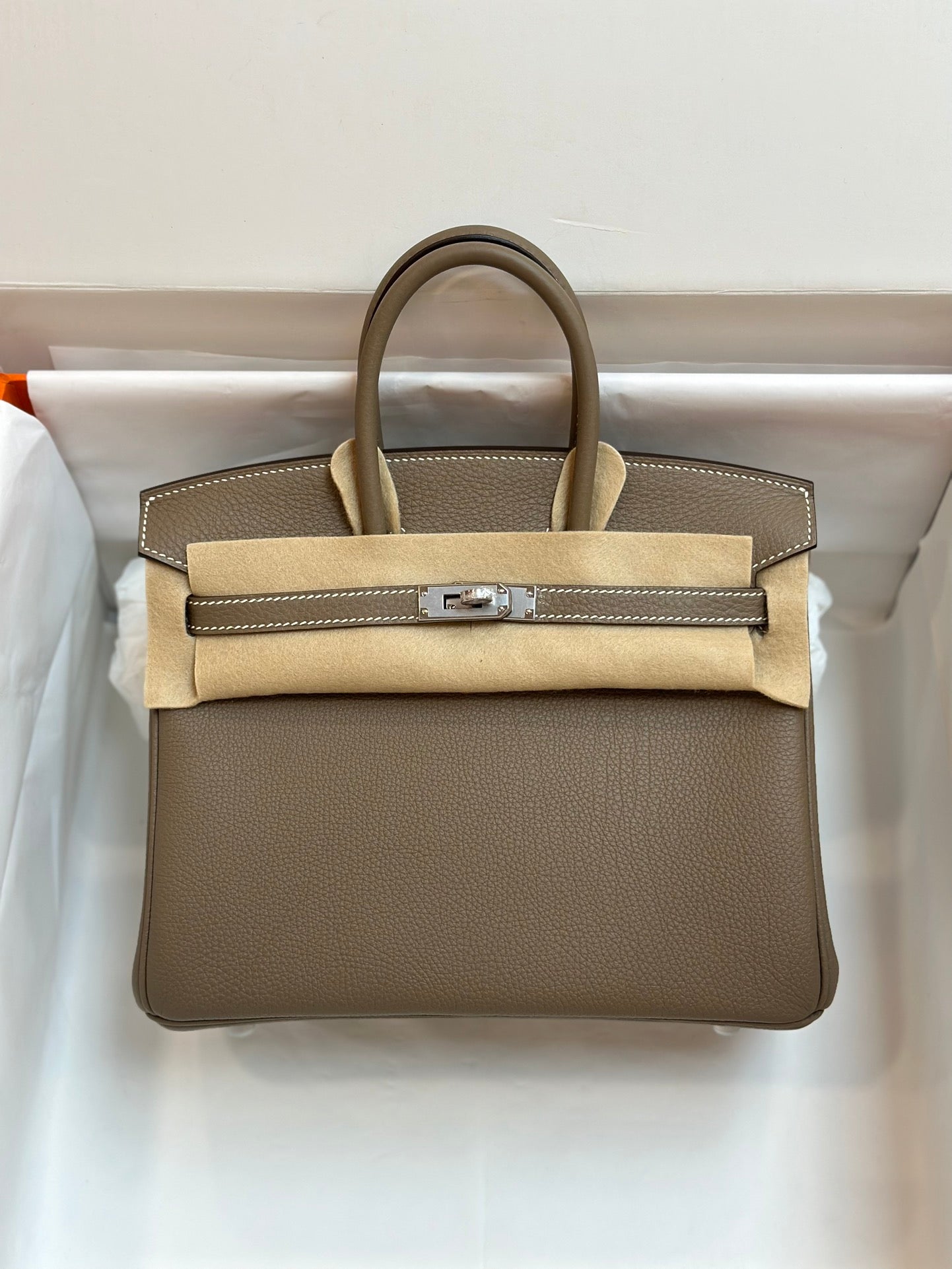 Luxury Taupe Leather Handbag with Silver-Tone Hardware