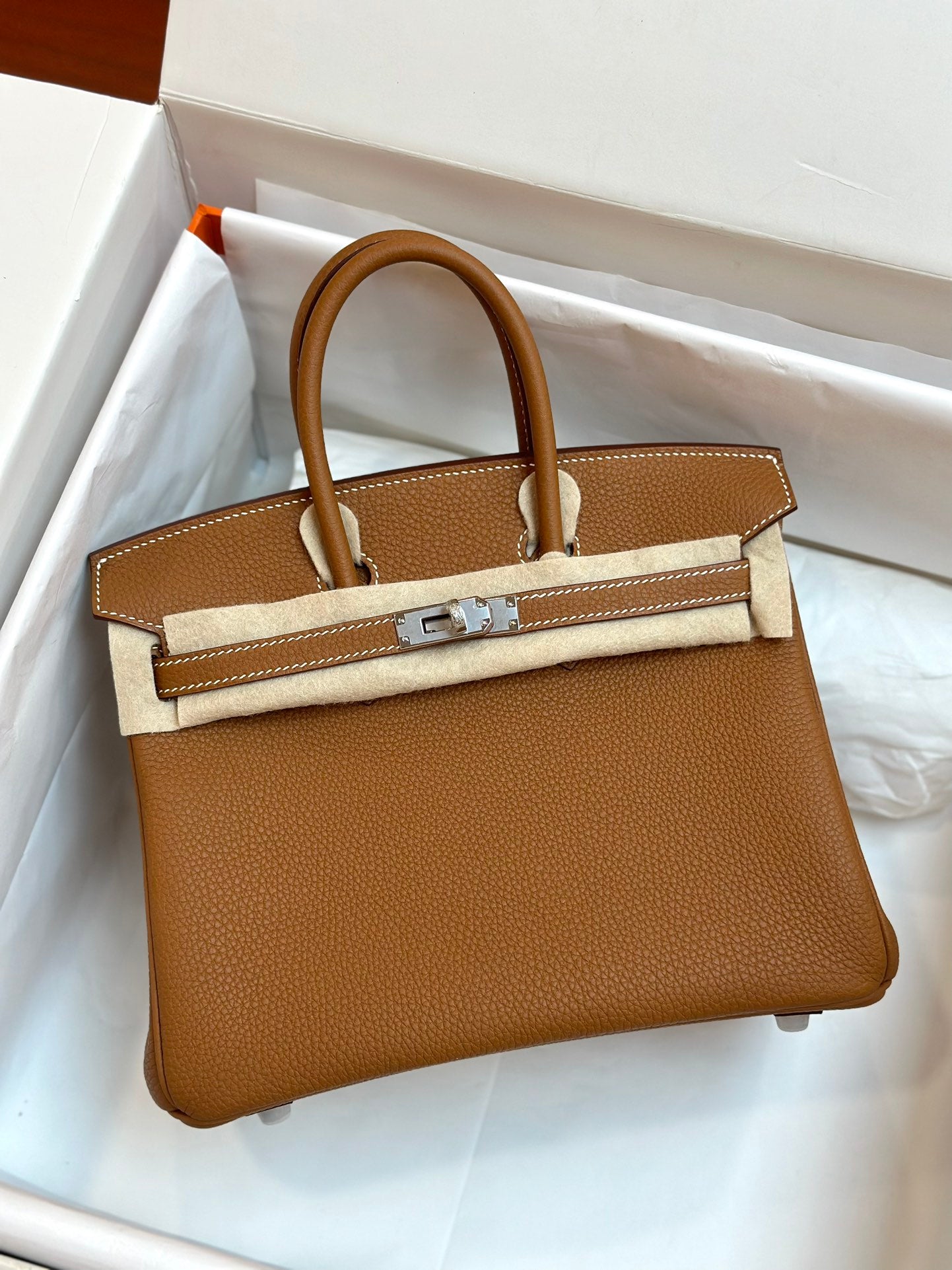 Luxury Tan Leather Handbag - Classic Top Handle Tote Bag with Silver Hardware