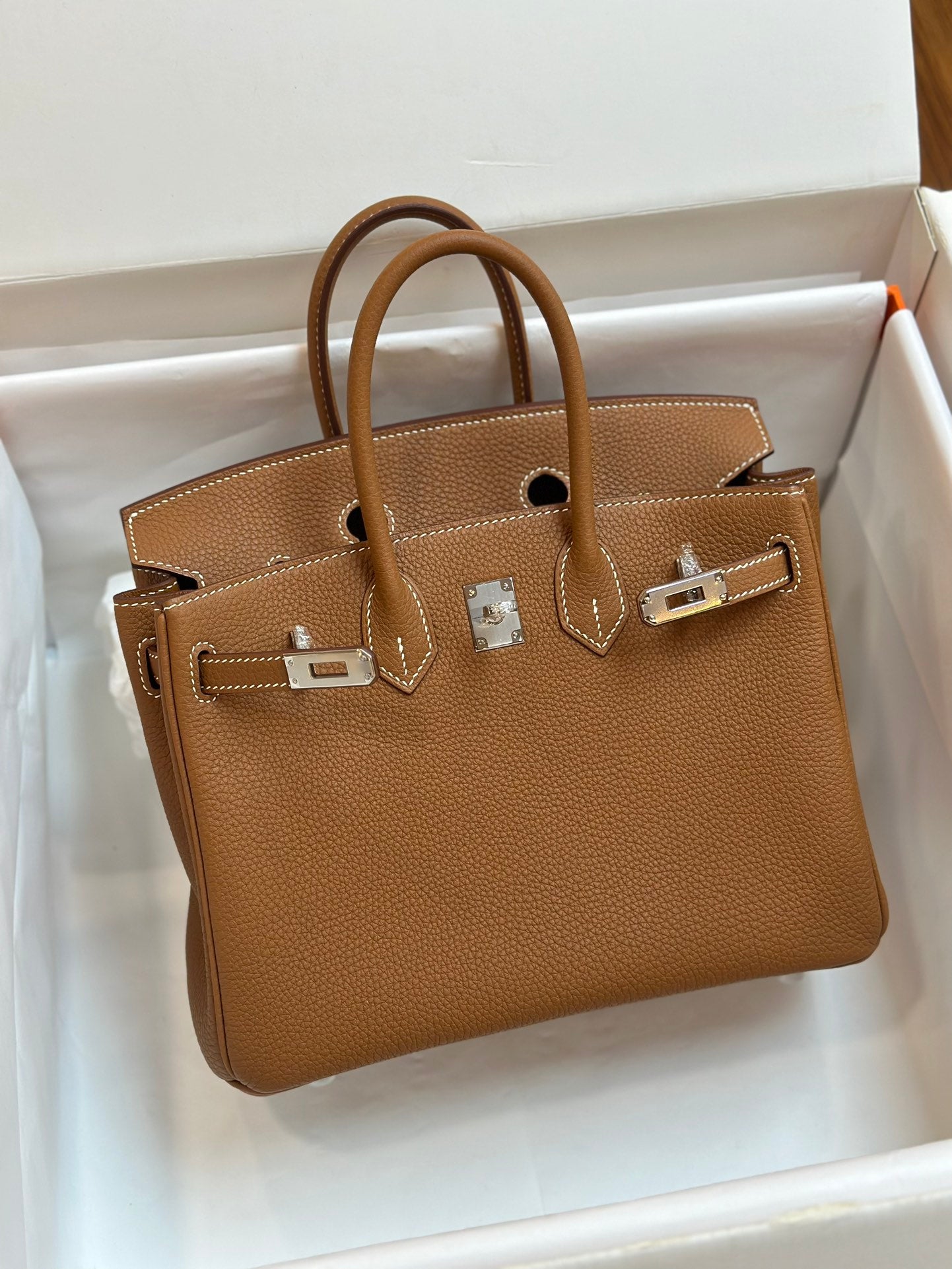 Luxury Tan Leather Handbag - Classic Top Handle Tote Bag with Silver Hardware