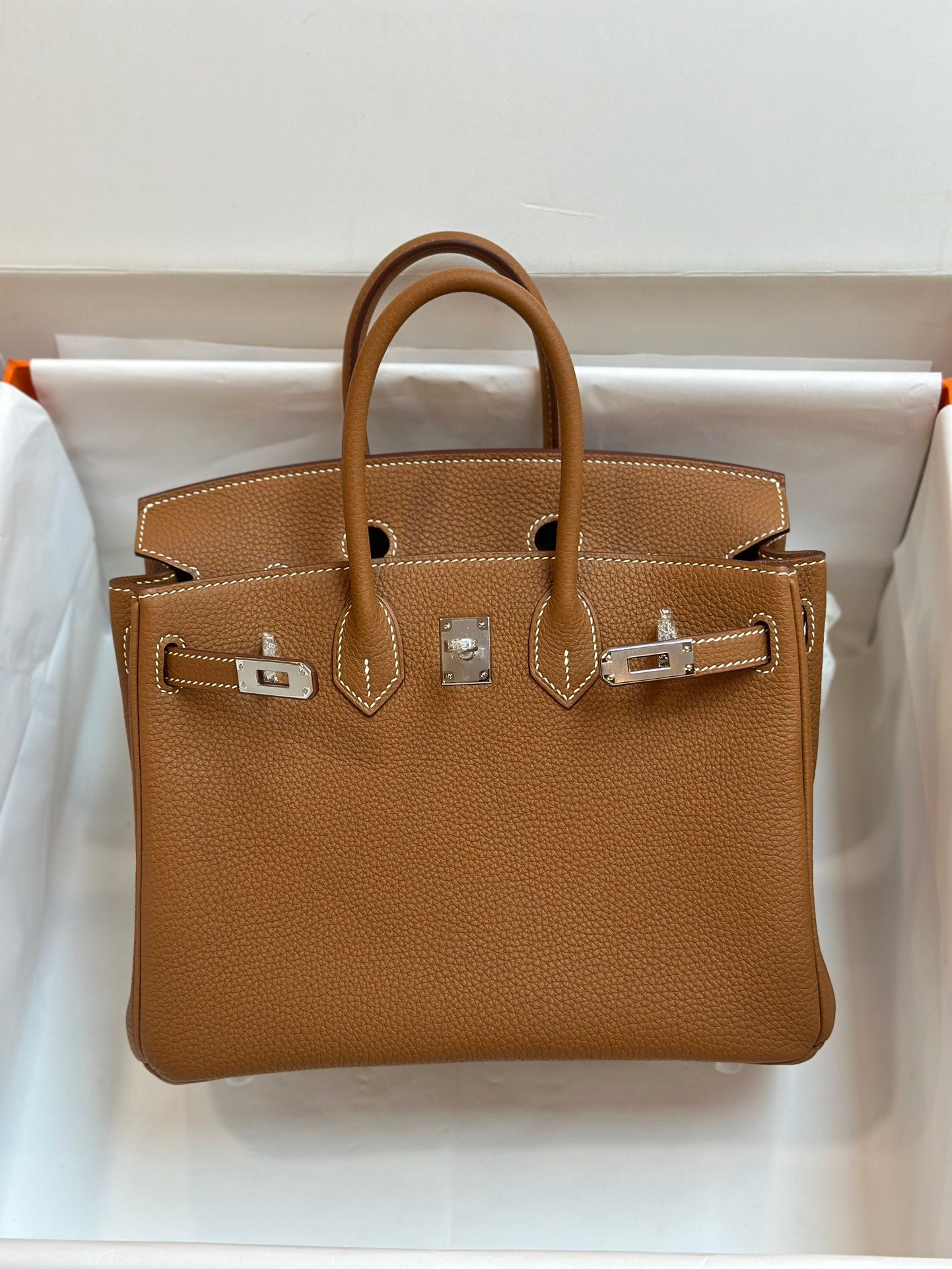 Luxury Tan Leather Handbag - Classic Top Handle Tote Bag with Silver Hardware