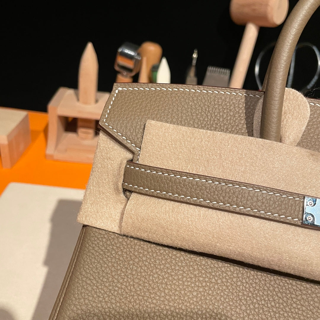 Luxury Beige Leather Top Handle Handbag - Birkin Style Craftsmanship Edition