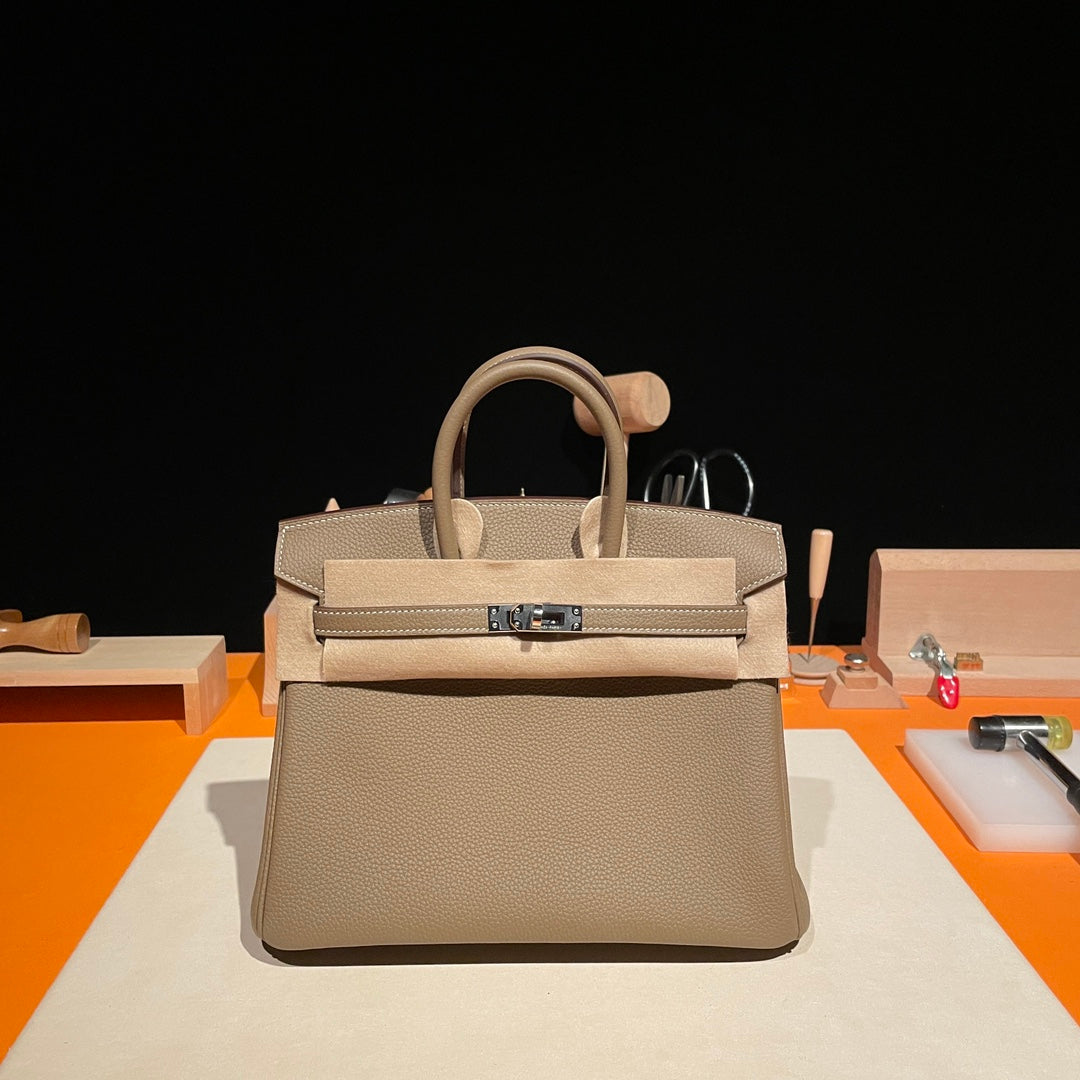 Luxury Beige Leather Top Handle Handbag - Birkin Style Craftsmanship Edition