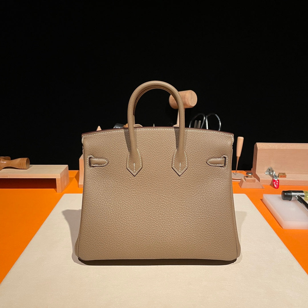 Luxury Beige Leather Top Handle Handbag - Birkin Style Craftsmanship Edition