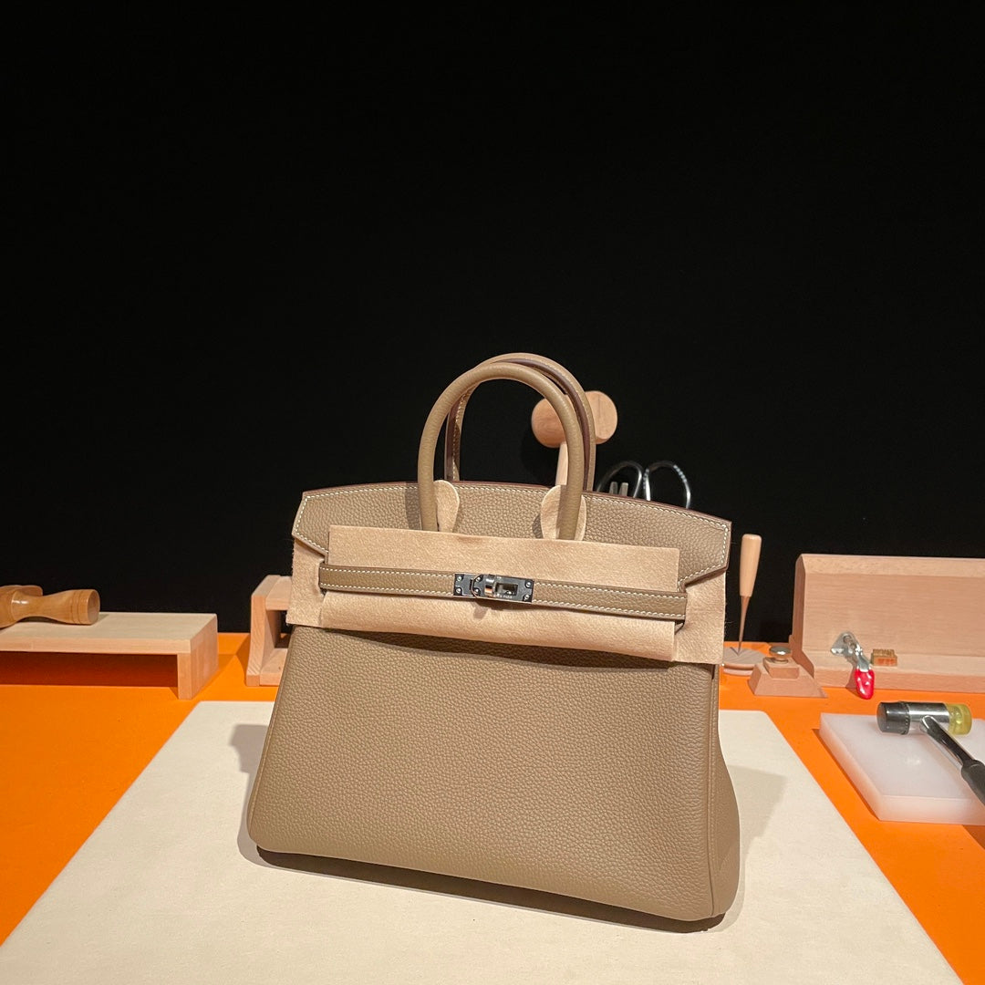 Luxury Beige Leather Top Handle Handbag - Birkin Style Craftsmanship Edition