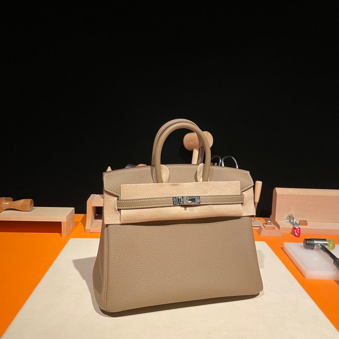 Luxury Beige Leather Top Handle Handbag - Birkin Style Craftsmanship Edition