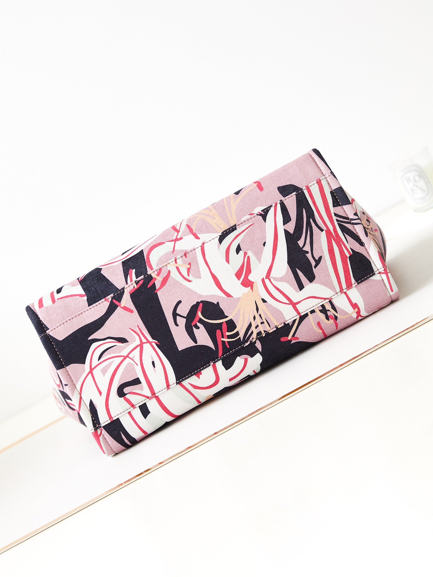 Pink Floral Graphic Pattern Tote Bag with CC Logo Charm and Twin Handles