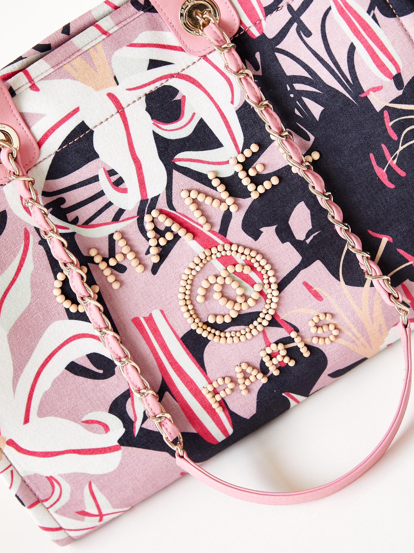Pink Floral Graphic Pattern Tote Bag with CC Logo Charm and Twin Handles