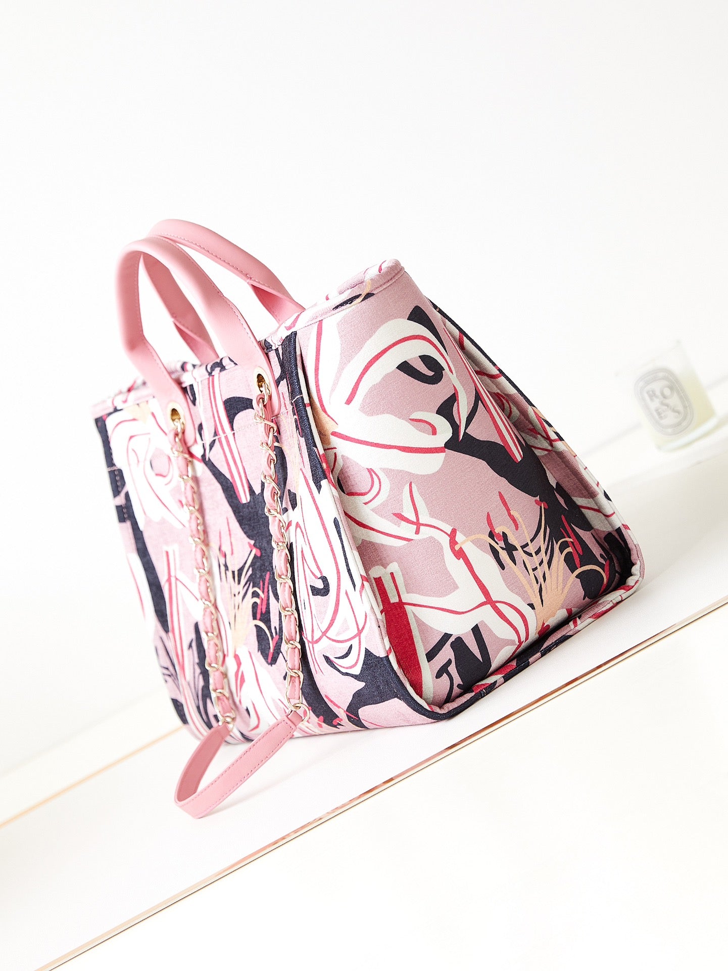Pink Floral Graphic Pattern Tote Bag with CC Logo Charm and Twin Handles