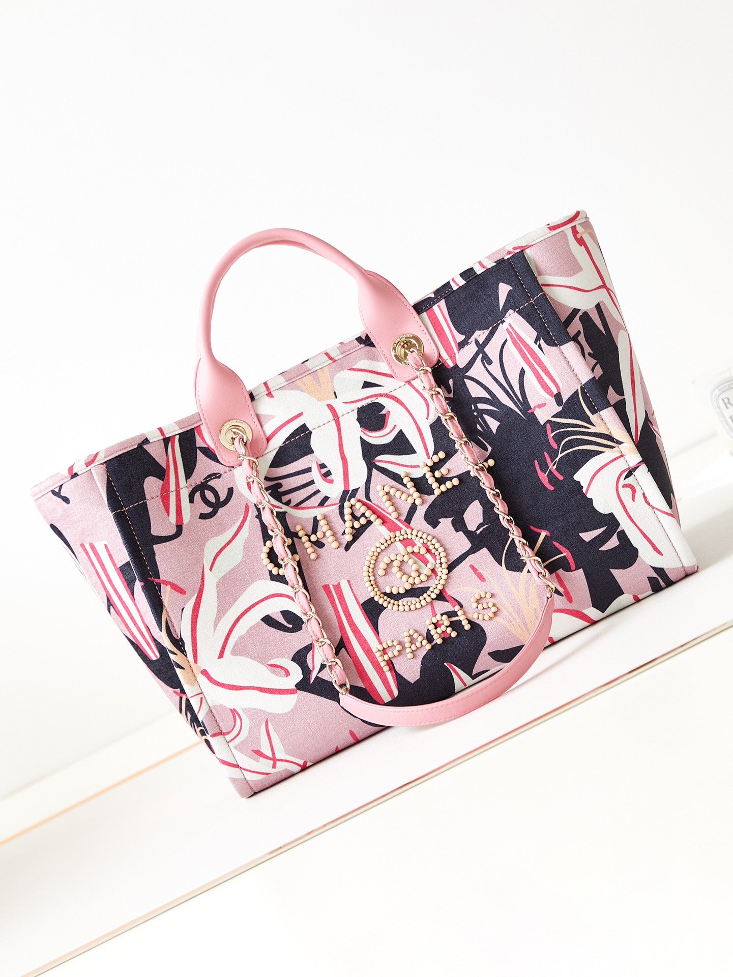 Pink Floral Graphic Pattern Tote Bag with CC Logo Charm and Twin Handles