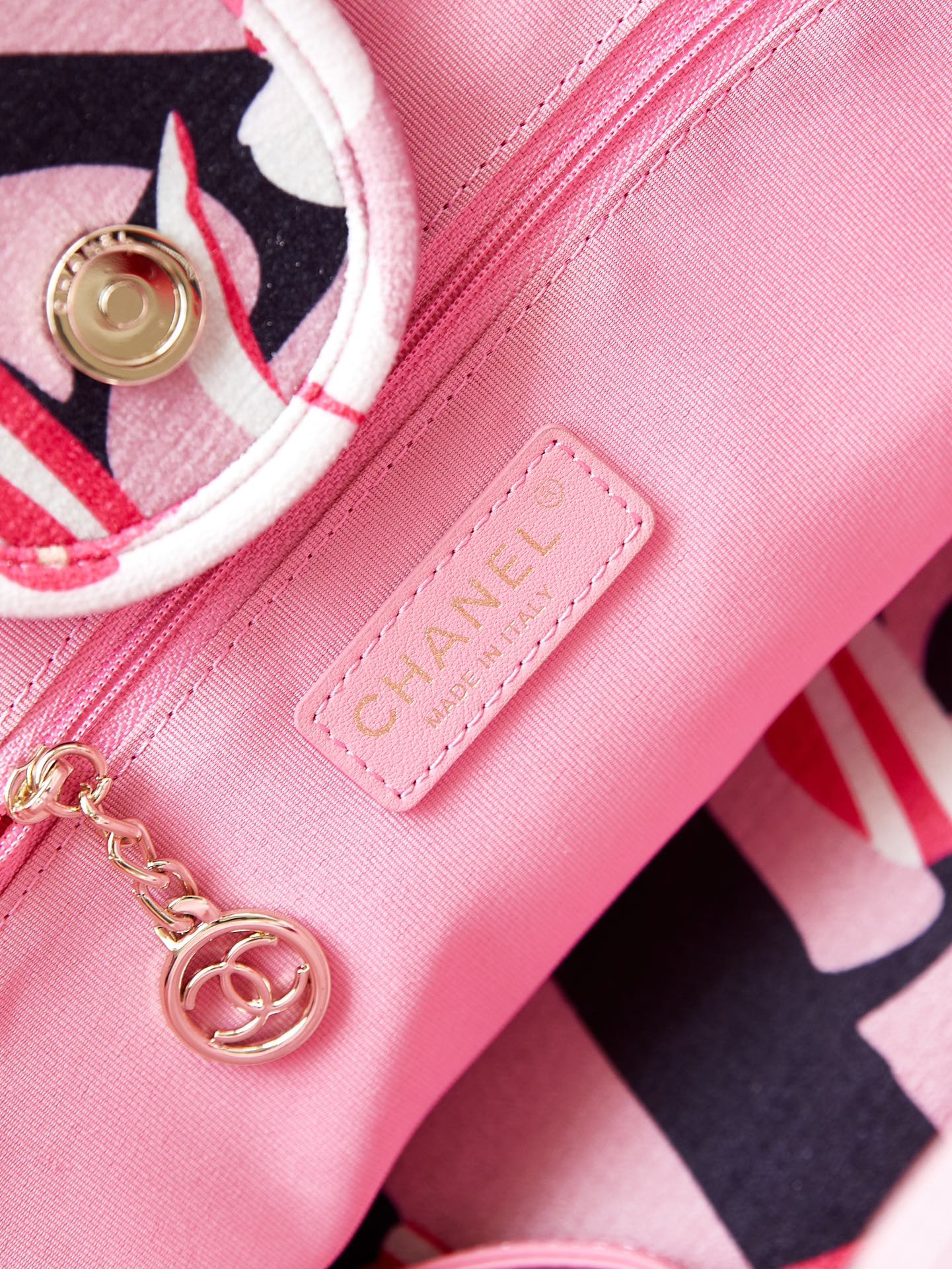 Pink Floral Graphic Pattern Tote Bag with CC Logo Charm and Twin Handles