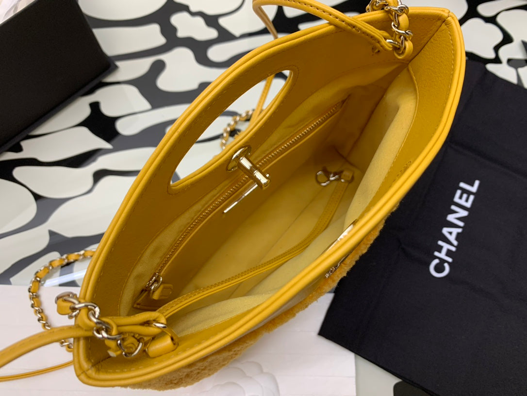 Chanel Mustard Yellow Quilted Shearling Top Handle Handbag