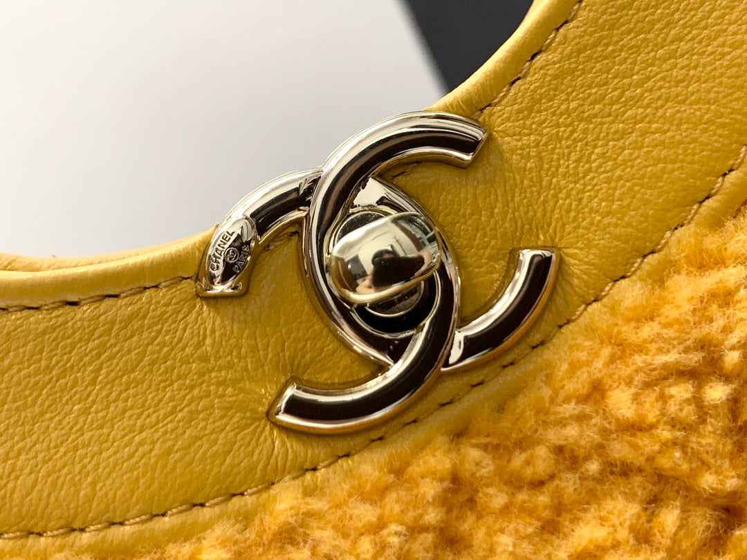 Chanel Mustard Yellow Quilted Shearling Top Handle Handbag