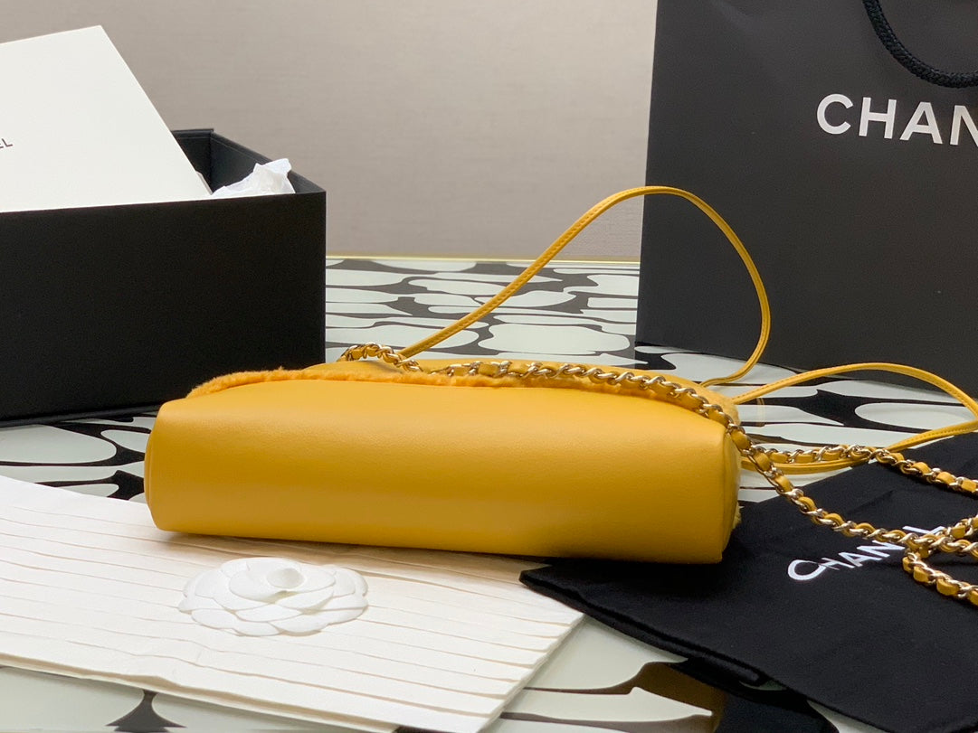 Chanel Mustard Yellow Quilted Shearling Top Handle Handbag