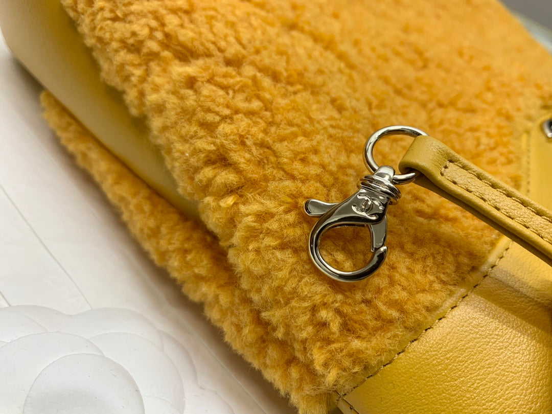 Chanel Mustard Yellow Quilted Shearling Top Handle Handbag