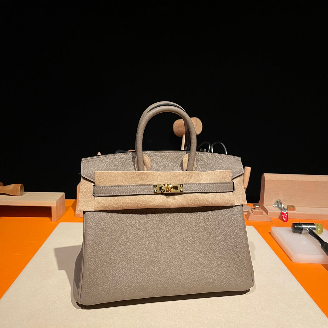 Premium Handmade Leather Top-Handle Handbag - Taupe Grey with Gold Hardware