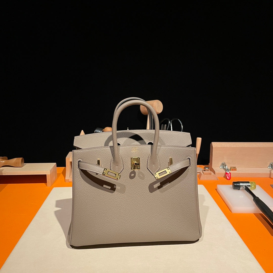 Premium Handmade Leather Top-Handle Handbag - Taupe Grey with Gold Hardware