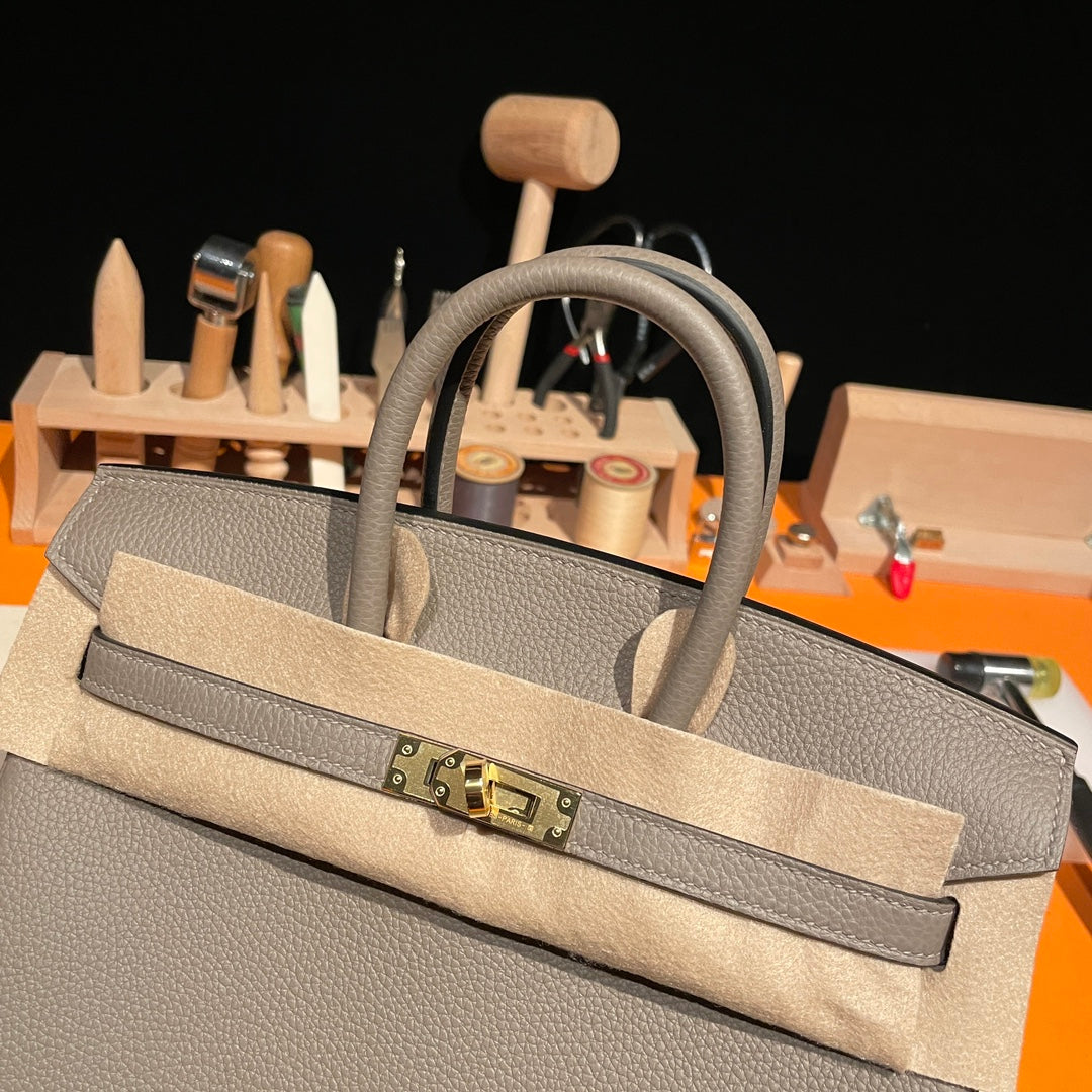 Premium Handmade Leather Top-Handle Handbag - Taupe Grey with Gold Hardware