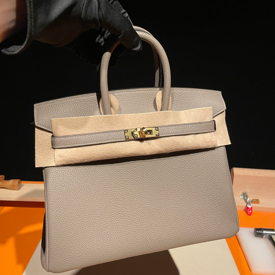 Premium Handmade Leather Top-Handle Handbag - Taupe Grey with Gold Hardware