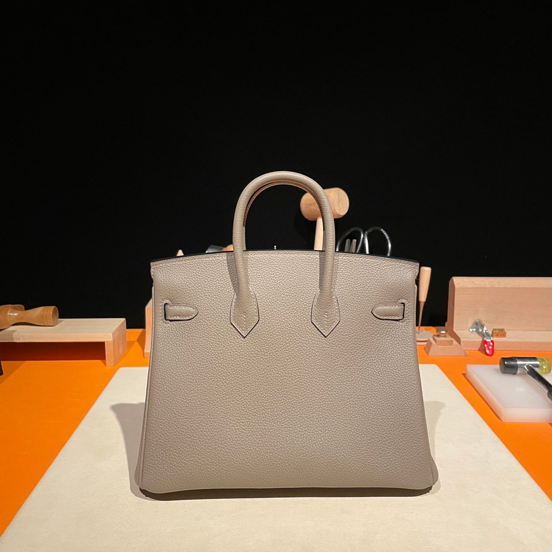 Premium Handmade Leather Top-Handle Handbag - Taupe Grey with Gold Hardware