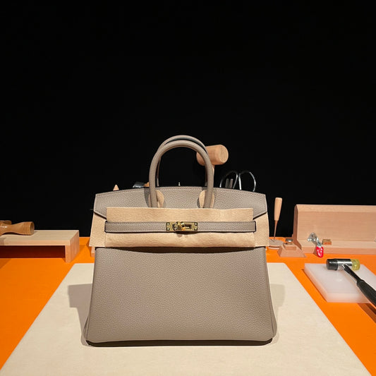 Premium Handmade Leather Top-Handle Handbag - Taupe Grey with Gold Hardware