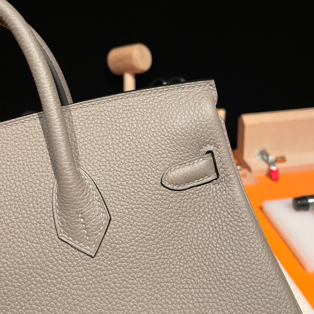 Premium Handmade Leather Top-Handle Handbag - Taupe Grey with Gold Hardware