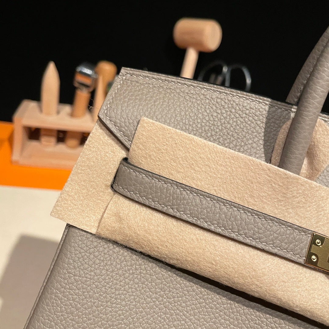 Premium Handmade Leather Top-Handle Handbag - Taupe Grey with Gold Hardware